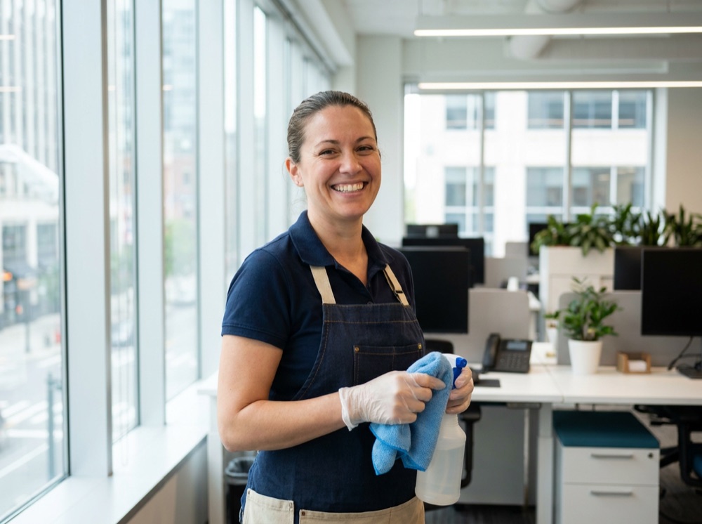Professional commercial cleaning crew servicing a Charlotte office